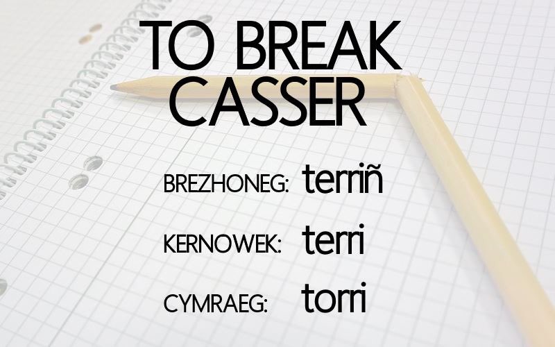 To Break / Casser

Brezhoneg: terriñ ['tɛʁĩ] vb.
Kernowek: terri ['tɛr:i] vb.
Cymraeg: torri ['tɔri] vb.