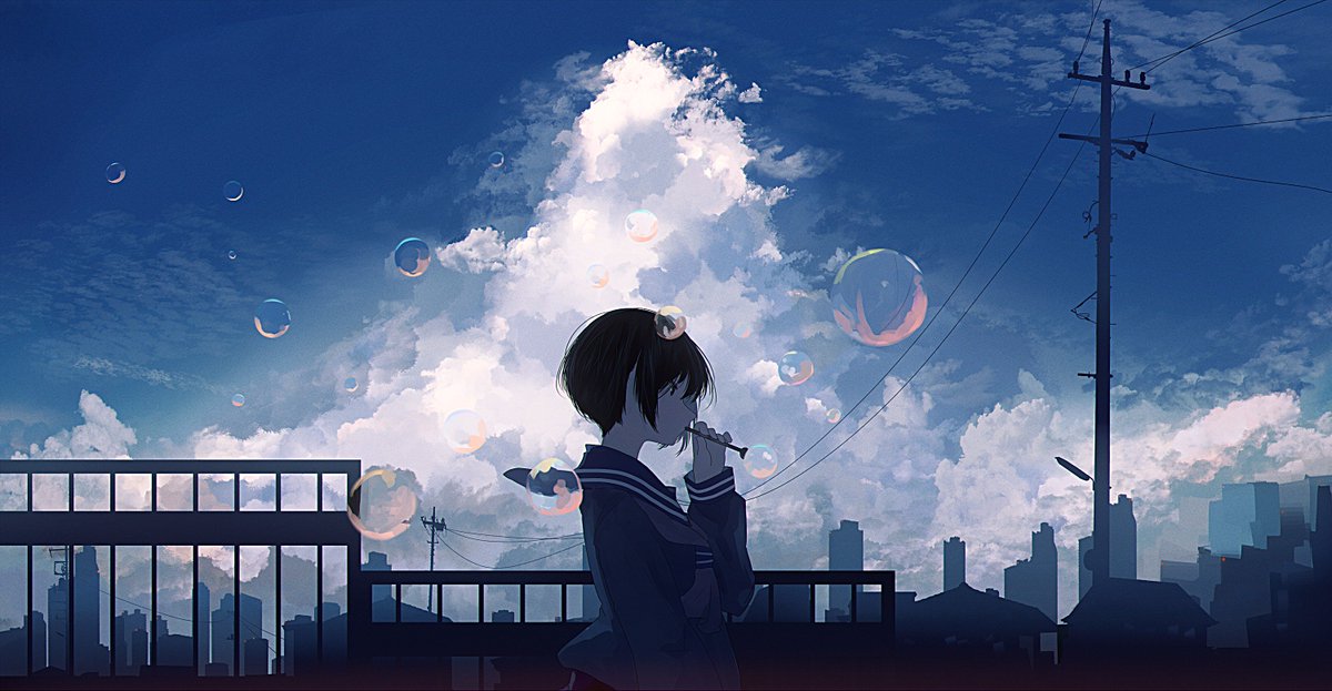 1girl solo sky school uniform cloud short hair bubble  illustration images