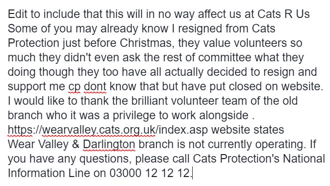 Edit to include that this will in no way affect us at Cats R Us 
Some of you may already know I resigned from Cats Protection just before Christmas,