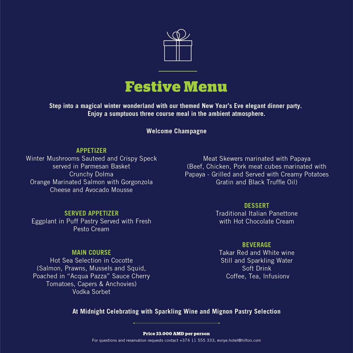 DoubleTreeYer's tweet image. Step into a magical winter wonderland with our New Year’s Eve elegant dinner party.
Enjoy a sumptuous three course meal in the ambient atmosphere with Live Music. 
For more info contact us via +374 11 555 333 or evnye.hotel@hilton.com