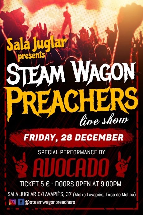 SWPreachers's tweet photo. Today is the day! Steam Wagon Preachers en vivo en la sala Juglar. Te lo vas a perder? 😏 #Rock #Concierto #Madrid #MusicaMadrid #Directo #SalaJuglar #Lavapiés #SteamWagonPreachers https://t.co/cFZajsbB5b