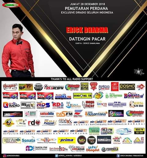 #NewRelease ERICK DHARMA - DATENGIN PACAR  
#pemutaranperdana 
#ERICKDHARMADATENGINPACAR
Cc: <a href="/DEGE63/">Dorce Gamalama</a> <a href="/DennyPromotion/">DAZ RADIO PROMOTION</a> MD @hendraaCafe #GaleriMusikAsik #Situbondo