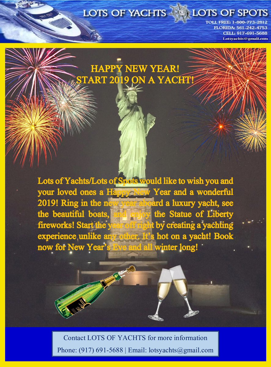 LotsofYachts1's tweet photo. Start your 2019 off with great memories! Charter a luxury yacht and celebrate the New Year with friends and family. #HappyNewYear #NewYear2019 #yachtlife #NYyachtcharter #FLyachtcharter #LotsofYachts #LotsofSpots https://t.co/WSIct407WE