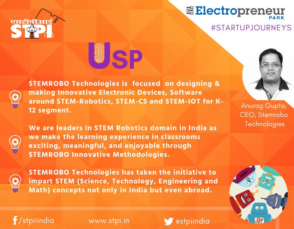 stpiindia's tweet photo. Mr. Anurag Gupta, Founder, STEMROBO enlightens on the difference that STEMROBO is making in the tinkering space.#EP
#KnowEP #KnowEPincubatees #STPIINDIA #ElectroprenuerPark #StartUpIndia #KnowMoreAboutSTPI #MakeinIndia @rsprasad https://t.co/bxqfcdHNP6