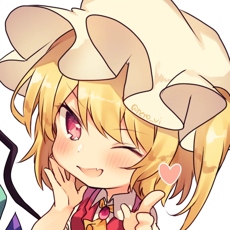 flandre scarlet 1girl one eye closed solo hat blonde hair wings mob cap  illustration images