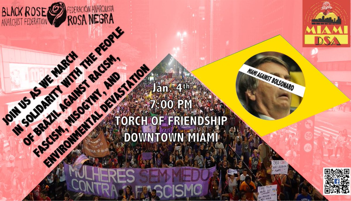 BRRN_Fed's tweet photo. We stand in solidarity with the people of Brazil against the racism, fascism, misogyny and ecological destruction of incoming president Jair Bolsonaro who will be inaugurated Jan 1st. #EleNão 

Miami protest: https://t.co/DHBu4NfGGI https://t.co/RkwyqVRXRO