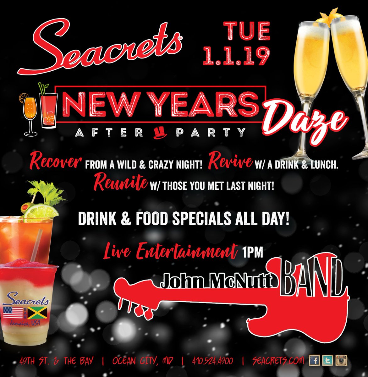 Just 3 days until our #NYE Bash.. Open 'til 4am w/ 5 bands, 4 DJs and a #champagne toast &amp; a balloon drop at midnight!
Join us the next day for New Year's #Daze party and recover from the crazy night before.
#NYE2019 #seacrets #jamaicausa #findusandgetlost #oceancity #ocmd