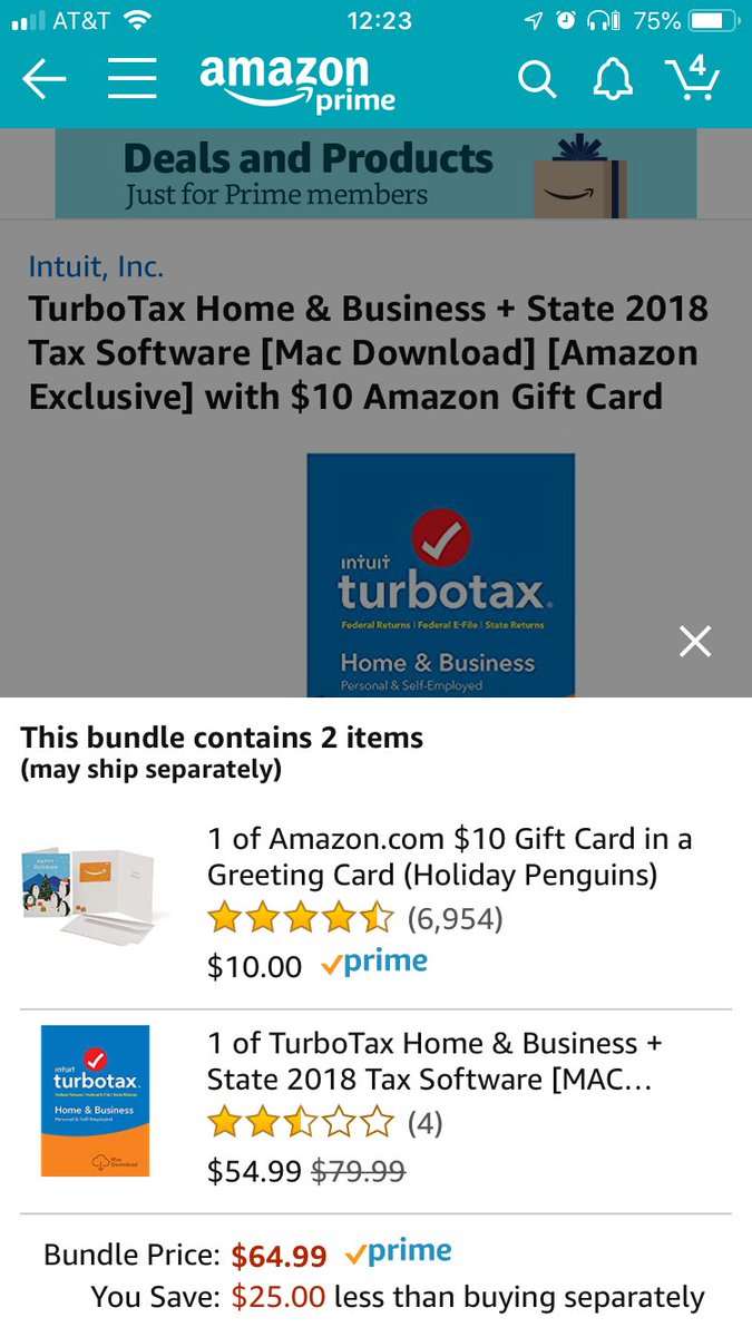 ParanoidMike's tweet photo. Hi @amazon @AmazonHelp
 is this not discounted correctly? Today’s Turbotax “bundle” reads like I’m paying you $10 for the $10 gift card - why can’t I just buy TT for the $54.99 price and skip the full-priced card? https://t.co/C7tQWJS9tY
