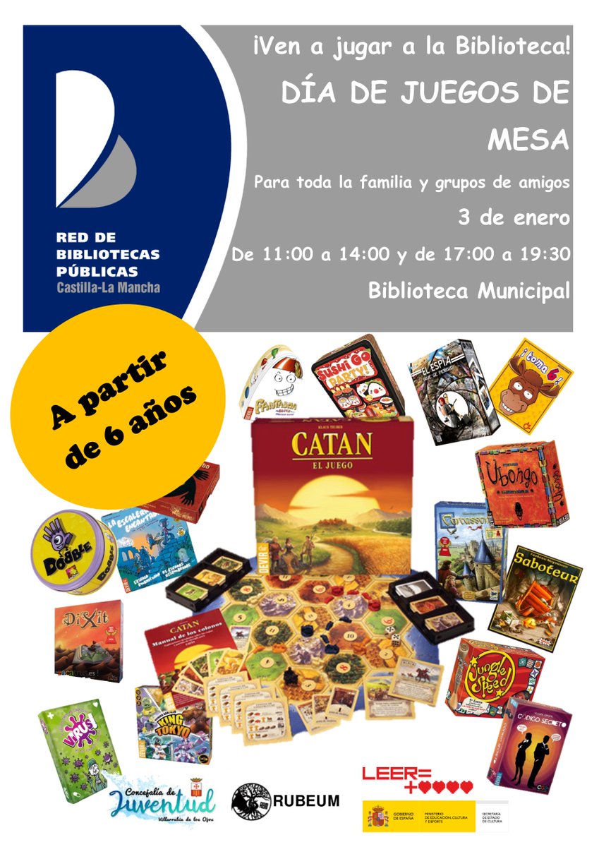 rubeumorg's tweet photo. El próximo 3 de enero disfruta de una jornada de #juegosdemesa con @bpmvillarrubia @JuventudVbia y @rubeumorg en la #biblioteca de #VillarrubiadelosOjos ¡Hasta pronto! 😎🎲🧩♟️ https://t.co/hjutdbHxeM