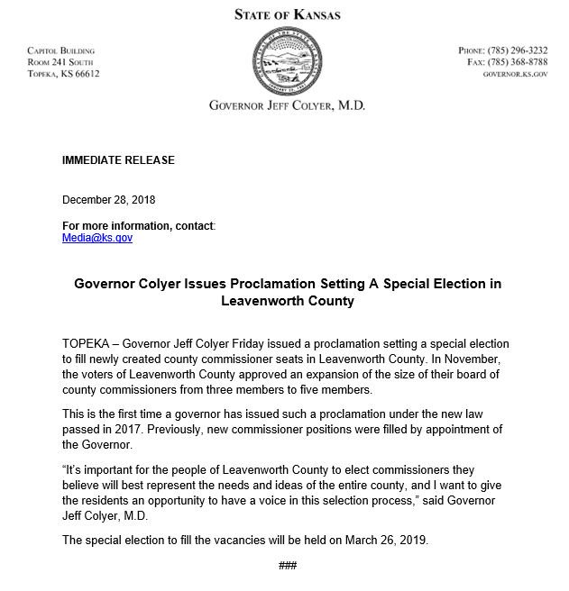 Today I issued a proclamation setting a special election to fill newly created county commissioner seats in Leavenworth County. #ksleg