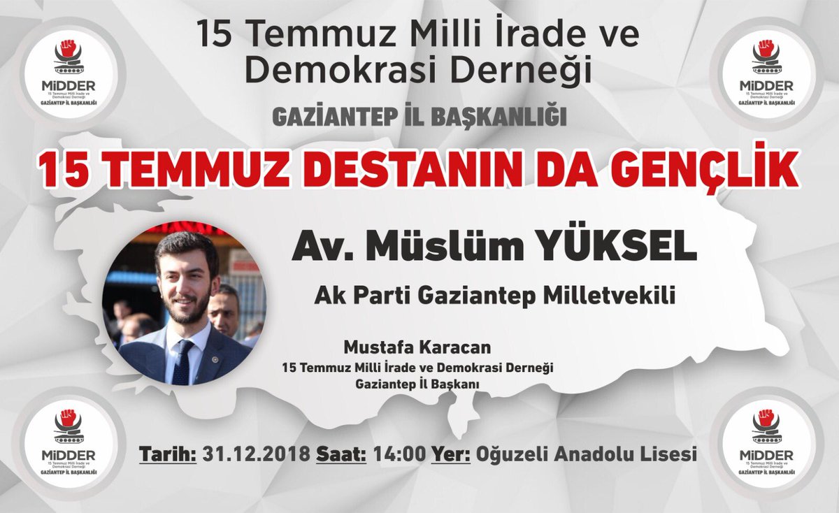 Ak Parti Gaziantep Milletvekilimiz Sayın Av.Müslüm YÜKSEL 15 Temmuz Destanında Gençliğin Önemi Anlatacaktır.Tüm Öğrenci Kardeşlermiz Davetlidir.
<a href="/Serhattcag/">Serhat Çağ</a> <a href="/ahmet_uzer27/">AHMET UZER 🇹🇷</a> <a href="/yukselmuslum27/">Müslüm Yüksel</a> <a href="/AliSahin501/">Ali ŞAHİN</a>