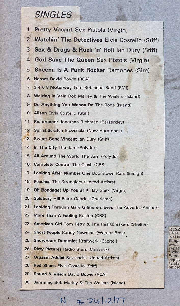NME's top 30 singles, Christmas week, 1977..