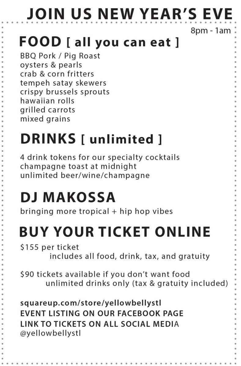 Still don't have #NYE plans? Come have a blast at <a href="/YellowbellyStl/">Yellowbelly</a>'s lit NYE party featuring their signature drinks and some amazing food. Located on the 1st floor of the best apartment community in STL!