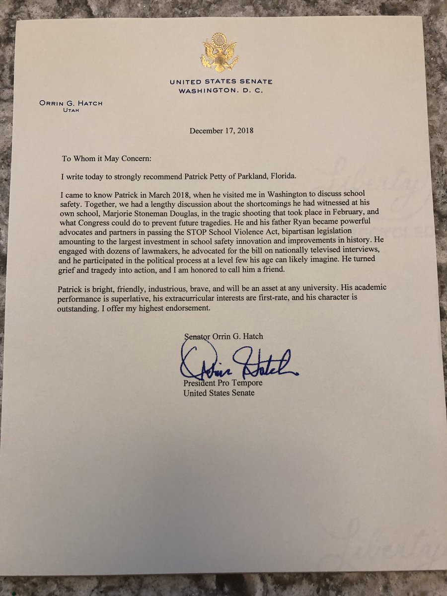 Honored to receive a Letter of Recommendation from @senorrinhatch thank you Senator!