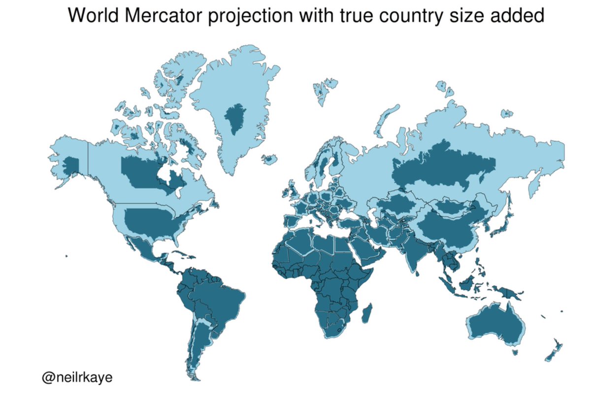 Rusia, Canadá, Groenlandia y Escandinavia (no Europa central ni EEUU) parecen los territorios más sobre-representados en Mercator. Fuente, con metodología de cálculo explicada: reddit.com/r/dataisbeauti…