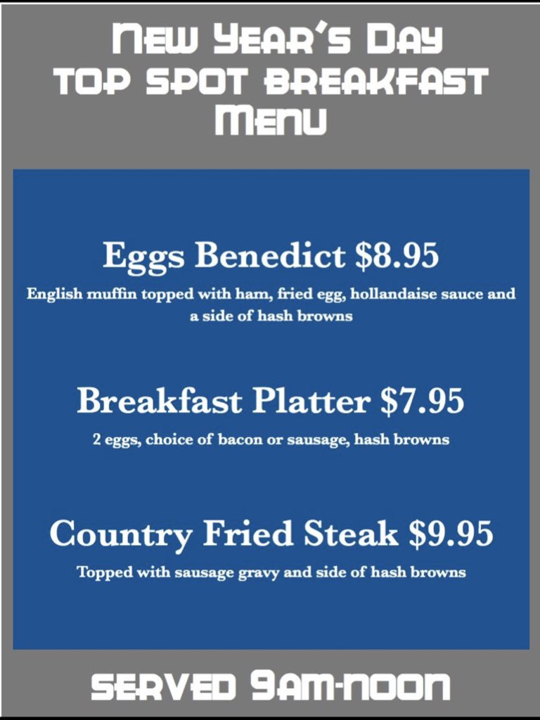 toppyspot's tweet photo. Start your new year off at Top Spot for breakfast. We will be serving breakfast New Year's Day 9am-Noon!

65 cent wing night will still be 5-10pm! https://t.co/Oc60YG9D93