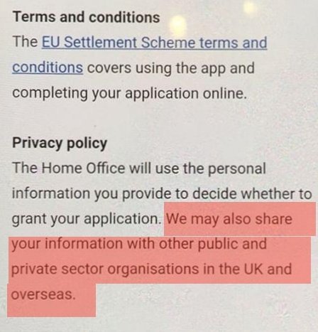 1/ The <a href="/ukhomeoffice/">Home Office</a> is forcing every EU citizen applying for Settled Status to accept its Privacy policy that allows it to share all data with "public and private sector organisations in the UK and overseas". We now have a reply to our freedom of information request...