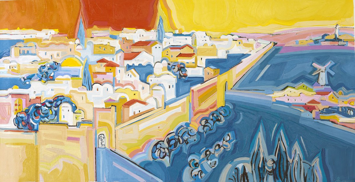This city that @NatalieRosenbaum paints, emanates a fiery glow with shades of blue balancing the warm effects of the sunset sky

See more of her artwork here: buff.ly/2z2i7wF

#delrayart #ContemporaryArt #israeliartists #artlovers #painting #artist