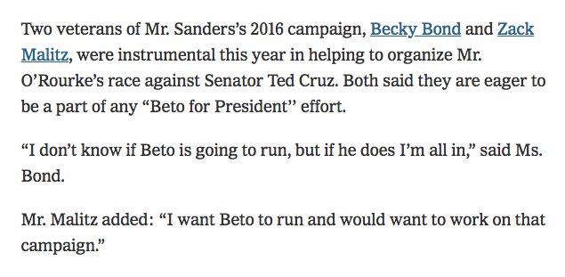 by_jmiller's tweet photo. .@bbond and @ZackMalitz, who were both integral parts of Bernie's 2016 team before going on to direct Beto's organizing machine both tell the NYT that they're on board for a Beto prez campaign. 

I profiled their efforts last month: https://t.co/ZpT888IXy8 https://t.co/y5B7VDB6PI