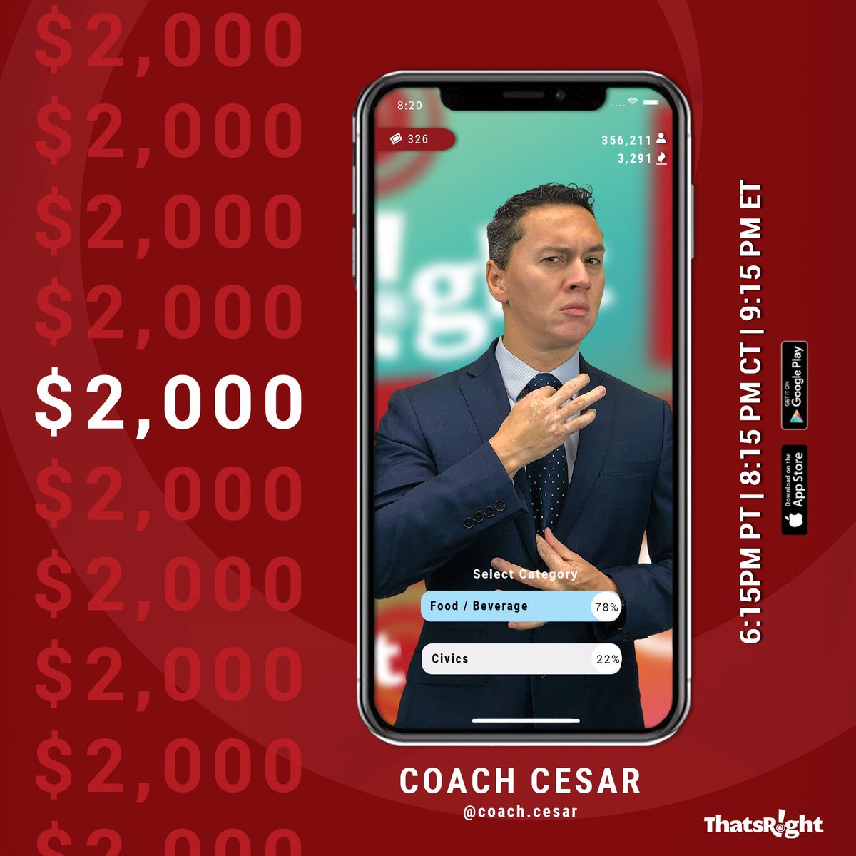 thatsright's tweet image. Better study up, Coach is coming in with 🔥 tonight! See you at 8:15PM CT.
•
•
#ThatsRight #ThatsRightApp #trivia #gameshow #twochancestowin #freemoney #MonroeLAMade #itsformoneydebbie #discovermwm #winning #free #money #winnerwinnerchickendinner #family #fun #familyfun