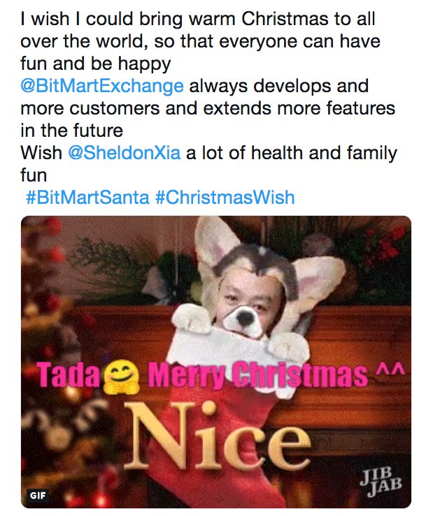 BitMartExchange's tweet photo. 💗#BitMartSanta Christmas Wish Vote - Retweet Your Favorite Wish!
🥳1 lucky winner who retweets will be drawn to win 200 $BMX!
🎁Sign up bonus 50 BMX (use link: https://t.co/3zrc1w5gpj)
https://t.co/YZ1HydaSHw
✨ No.3⃣ ✨
View the GIF here: https://t.co/IOEAa7Msln https://t.co/wMv0a95FVY