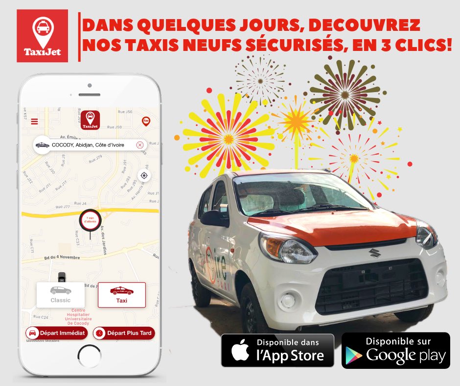 🤩 Dans quelques jours, plusieurs Taxis Neufs et Climatisés pour vous servir en 3 clics!🥇
Application disponible sur Google Playstore (bit.ly/TjAndroid) et dans l'App Store (bit.ly/TjIos)