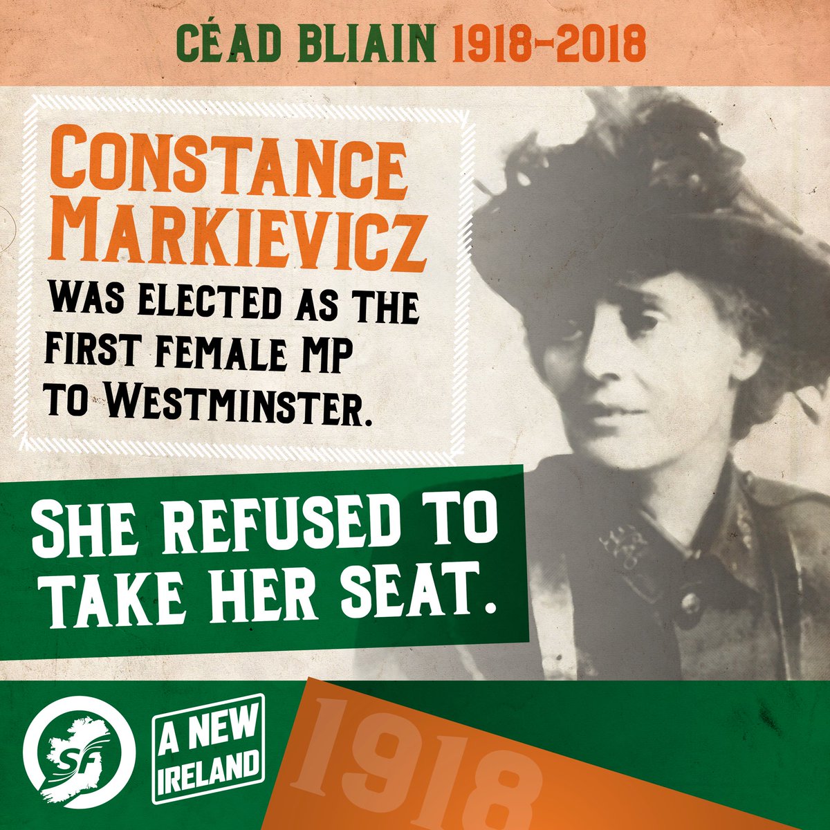 On this day in 1918 — Constance Markievicz was declared elected to Westminster as the first female MP. She refused to take her seat. #Vótáil100 #1918Election