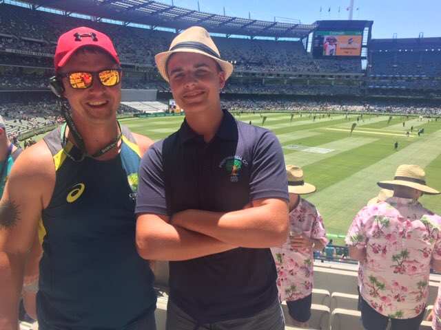 DOJ928's tweet photo. Morgan @fc6abc96317475 and Clark Griswald carrying on the tour of Aussie cricket stadiums in his @PontyberemCC top. MCG, Boxing day, Australia v India 3rd Test https://t.co/8NlBrzF40v