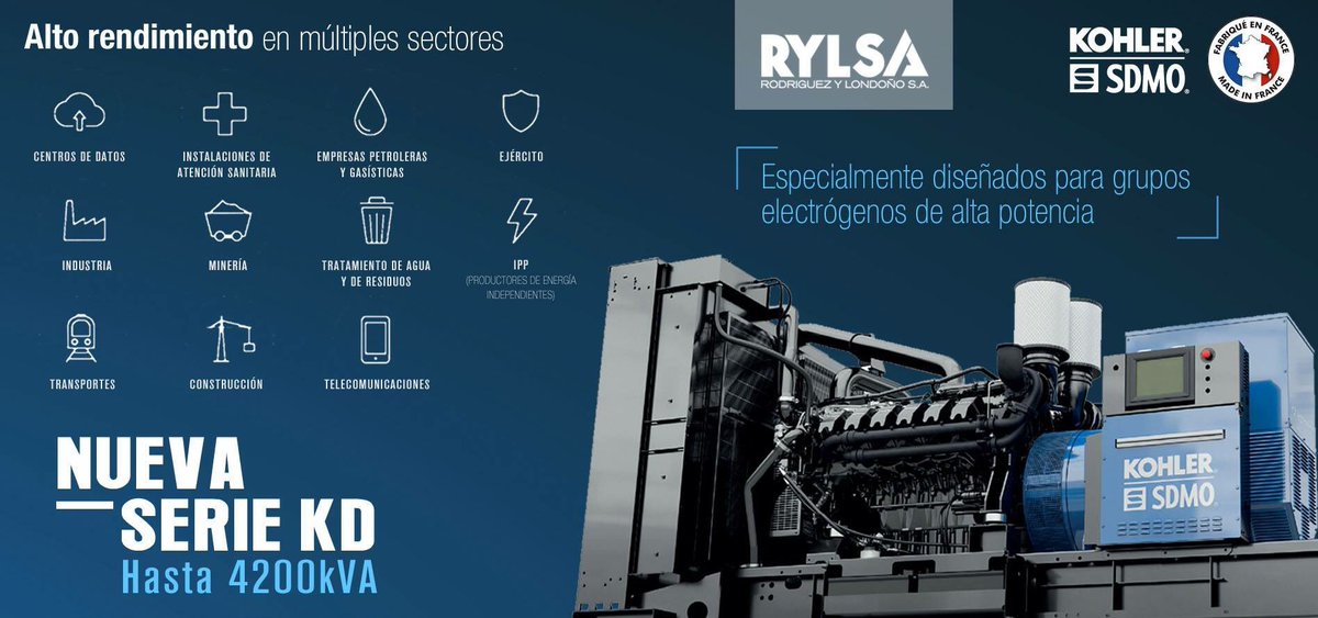 RYLSA's tweet photo. Obtenga potencias de hasta 4200kVA con la nueva serie KD de los #generadores de energía 💡⚡️ #KOHLER #SDMO diseñados para  prestar un alto rendimiento en los múltiples sectores de la industria.

Más información:
Línea Nacional: 01-8000-180345

#RYLSA #GeneracionEnergia https://t.co/6OhVP2SOkE