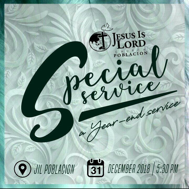 Let us end 2018 rejoicing and praising the Lord and welcome the 2019 given to us with victory and thanksgiving! Join us in our special YEAR-END THANKSGIVING CELEBRATION to welcome the New Year with signs, wonders and miracles! See you!
December 31, 2018
5:30 PM
#JesusIsLord