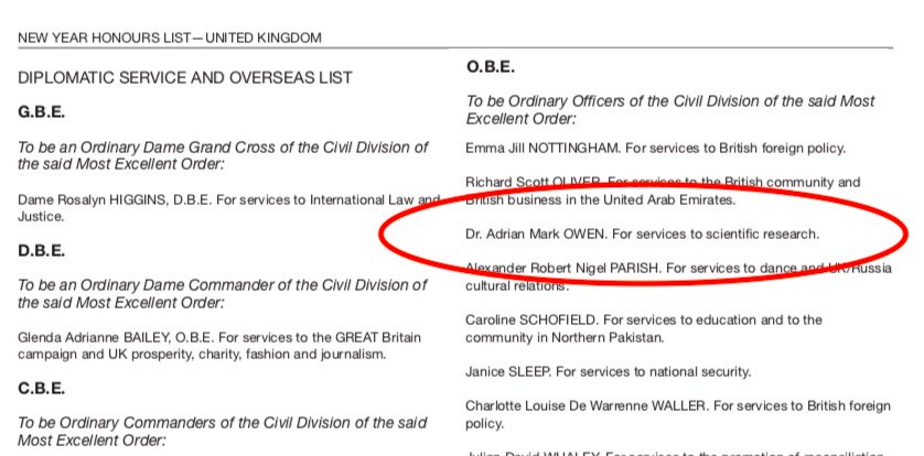 Prof Adrian M Owen Obe Wow I Ve Just Been Made An Officer Of The Most Excellent Order Of The British Empire Obe In The Uk S New Year S Honours List That S