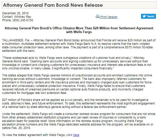 Today, I announced a $575 million, multistate settlement with Wells Fargo resolving claims that violated consumer protection laws. These kinds of acts are outrageous and shows a lack of trust and privacy with customers. myfloridalegal.com/newsrel.nsf/ne…