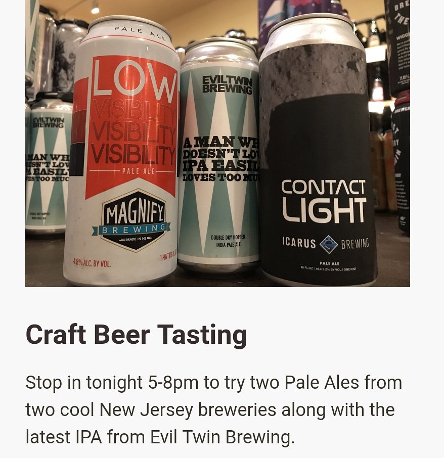 NosVinoNJ's tweet photo. Beer tasting 5-8pm @nosvinonj ! #beertasting #beeradvocate #beerlover #icarusbrewing #magnifybrewing #eviltwinbrewing https://t.co/sMpMwMuUv5