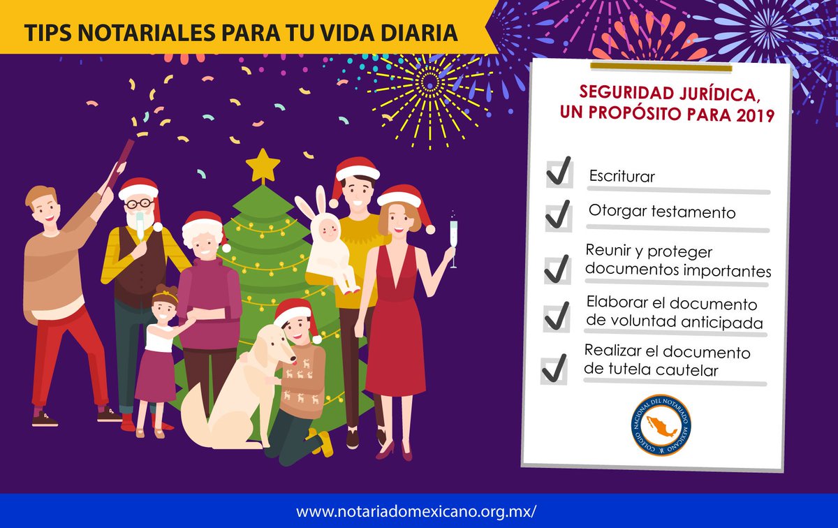notariadomex's tweet photo. #TipNotarial | Te compartimos 5 acciones que puedes incluir en tus propósitos para brindar seguridad jurídica a tu familia y empezar el con el pie derecho el #AñoNuevo. #MisPropósitosdel2019. https://t.co/u16uDQq5bY https://t.co/gzIOe2NOQ0
