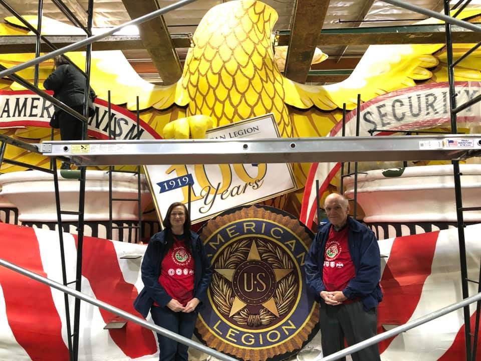 AmericanLegion's tweet photo. The American Legion centennial float was decorated today by members of The American #LegionFamily. The float will be the third in the @RoseParade lineup on Jan. 1. More info: https://t.co/bidpgRS5Xm. #RoseParade https://t.co/5ppKG2HP3X