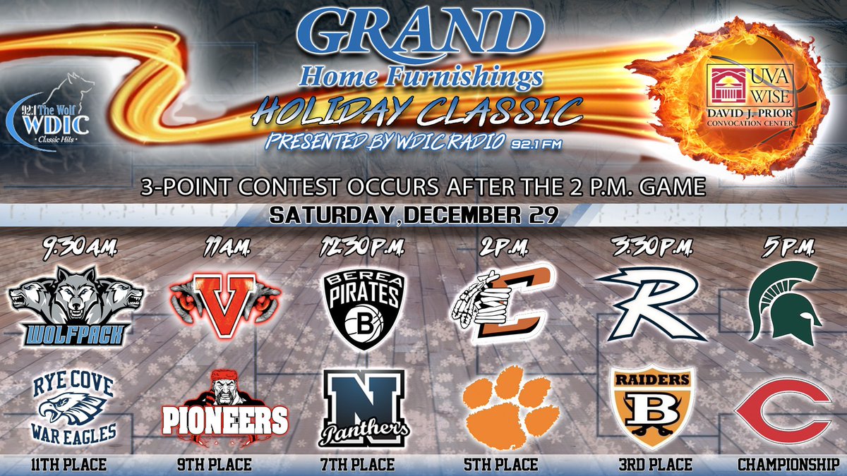 DJP_ConvoCenter's tweet photo. Here is your @GrandHomeFurn Holiday Classic Championship Day Schedule! Come join us for breakfast, lunch and dinner tomorrow here in the DJP! We start at 9:30am. Then after the championship game, @UVaWiseWBB will tip off around 7:30pm against King University! #HCBH @tnsportslive https://t.co/0WQXyuLyuN