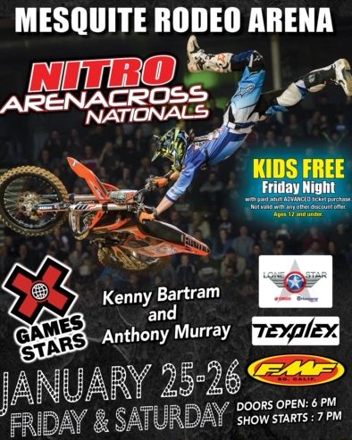 Nitro Arenacross Nationals!! LIVE at the #MesquiteArena ! Don't miss your chance to see on Friday &amp; Saturday , January 25-26! Tickets available here bit.ly/2GXE6fN Don't wait until is too late.