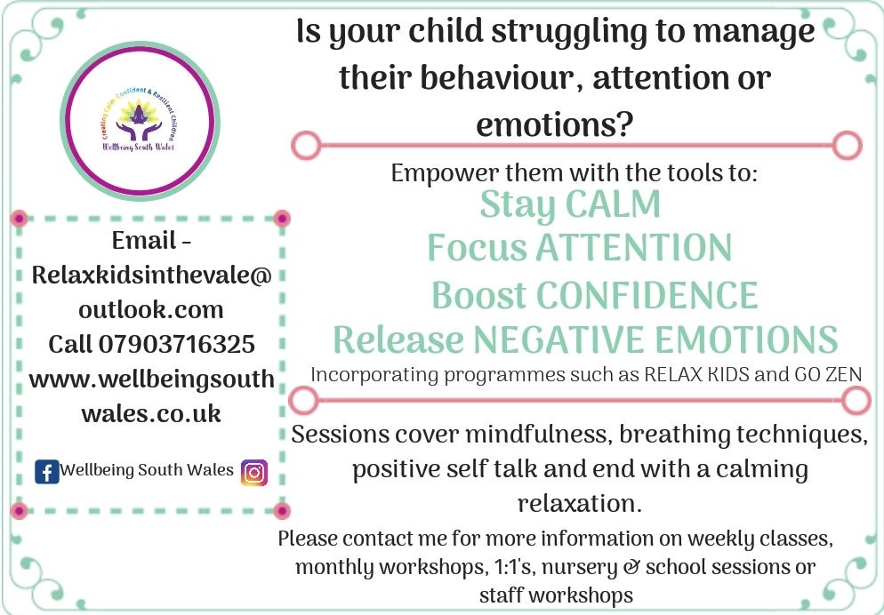 Wellbeing South Wales (@wellbeingswales) on Twitter photo New classes starting on the 10th Jan for school year1-3, year 4-6 and year 7+. To book email relaxkidsinthevale@outlook.com
#mentalhealth #thevaleofglam #selfcompassion #selfempowerment #anxiety #affirmations #stressed #mindfulness #meditation #resilience #Emotionalintellegence New classes starting on the 10th Jan for school year1-3, year 4-6 and year 7+. To book email relaxkidsinthevale@outlook.com
#mentalhealth #thevaleofglam #selfcompassion #selfempowerment #anxiety #affirmations #stressed #mindfulness #meditation #resilience #Emotionalintellegence