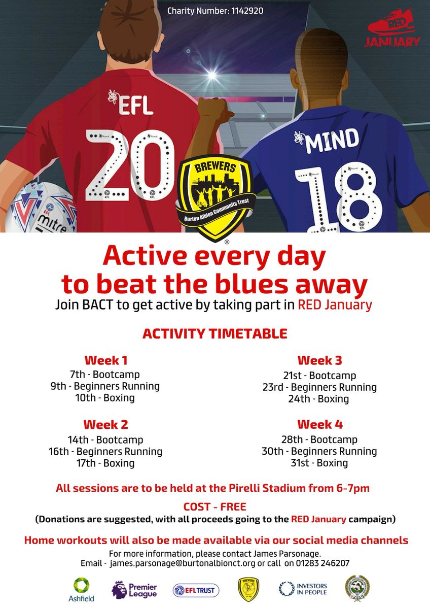 BurtonAlbionCT's tweet photo. ❤️ Kick-start 2019 in the best possible way, by getting active every day 💪

Join the thousands of football fans taking part in @REDJanuaryUK and supporting @EFL’s partner @MindCharity ✍

Register for FREE at ⤵️
https://t.co/MaIKMZhRf9  

#REDJanuary #OnYourSide https://t.co/SdpCPQd1b8