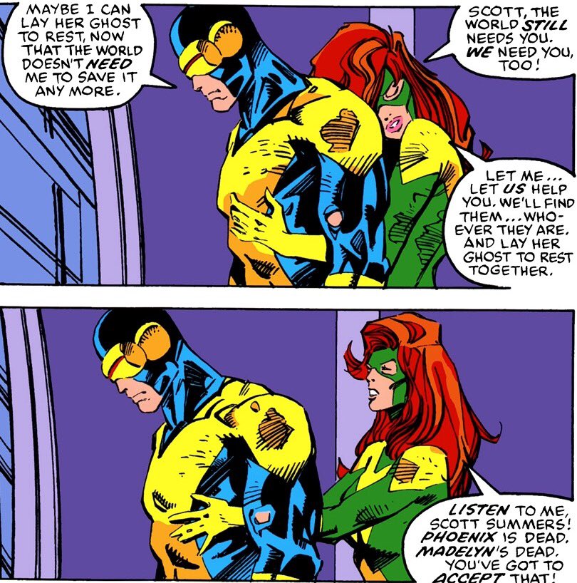 phoenixsource's tweet image. "We've found each other again, after all these years, and I'm not going to let anybody's ghost stand between us"
—Jean Grey and Scott Summers in X-Factor (1986) #26