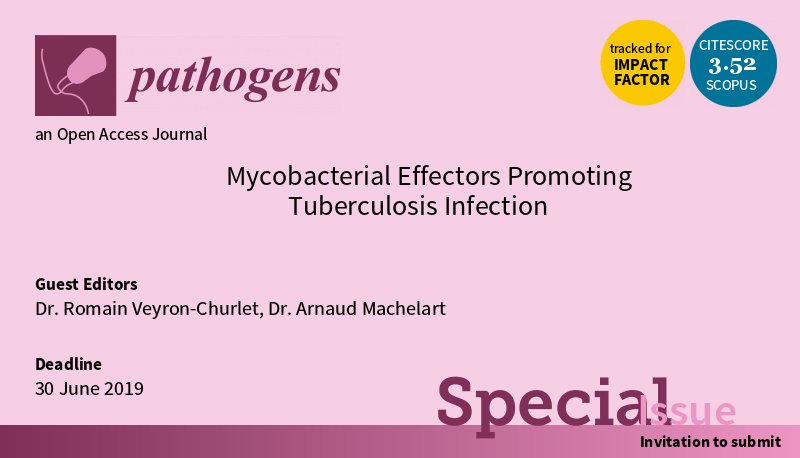 Pathogens_MDPI's tweet image. 📯📯 Call for Papers: Mycobacterial Effectors Promoting Tuberculosis Infection #Mycobacterial #TuberculosisInfection Edited by Dr. Romain Veyron-Churlet and Dr. Arnaud Machelart.
👉 Click here for more information: mdpi.com/journal/pathog…