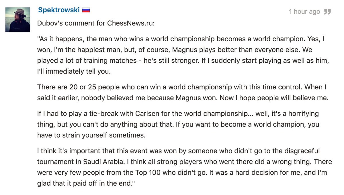 GreenPawns's tweet photo. Powerful comments from World Rapid Champion Daniil Dubov, translated by one of our members  from @Chess__News:

#wrbc2018 https://t.co/ckgFUtgsv0