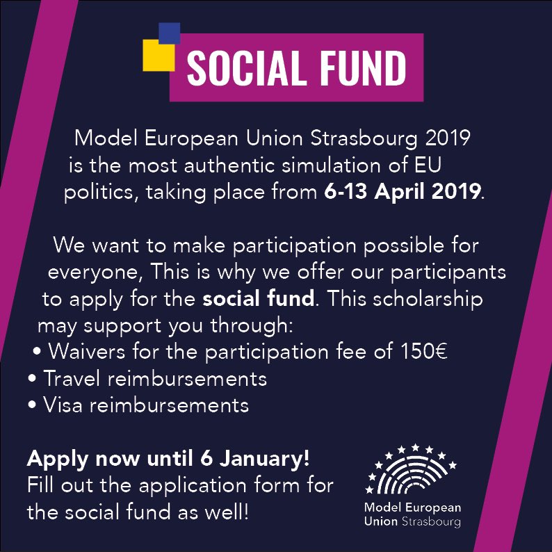 meustrasbourg's tweet photo. We want to make sure that everybody can participate in #MEUS2019, regardless of their financial situation! That’s why we offer you to apply for our social fund, a scholarship covering the costs for your participation! Apply until 6 January: https://t.co/xkmT6BJo5a https://t.co/sruhaqHxTd