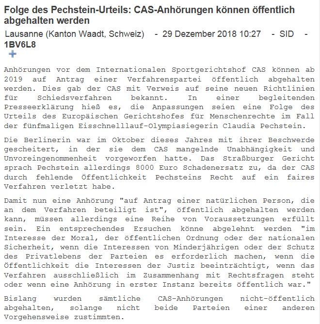 Folge des Pechstein-Urteils: CAS-Anhörungen können auf Antrag einer Verfahrenspartei ab 2019 öffentlich abgehalten werden. Allerdings müssen eine ganze Reihe von Voraussetzungen erfüllt sein. <a href="/SID_Sportnews/">SID</a> tas-cas.org/fileadmin/user…