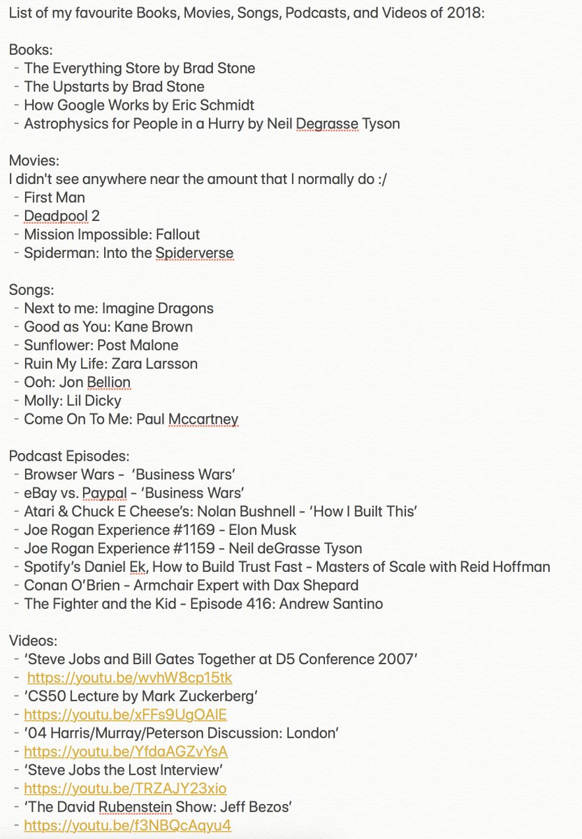 JackChappleSci's tweet photo. I decided to make a list of my favourite Books, Movies, Songs, Podcasts, &amp; Videos of 2018.
My Favourites:
Book: The Everything Store
Movie: First Man
Song: Next To Me, Imagine Dragons
Podcast: JRE #1169 - Elon Musk
Video: Steve Jobs and Bill Gates Together at D5 Conference '07 https://t.co/KXp8Nzq2CO