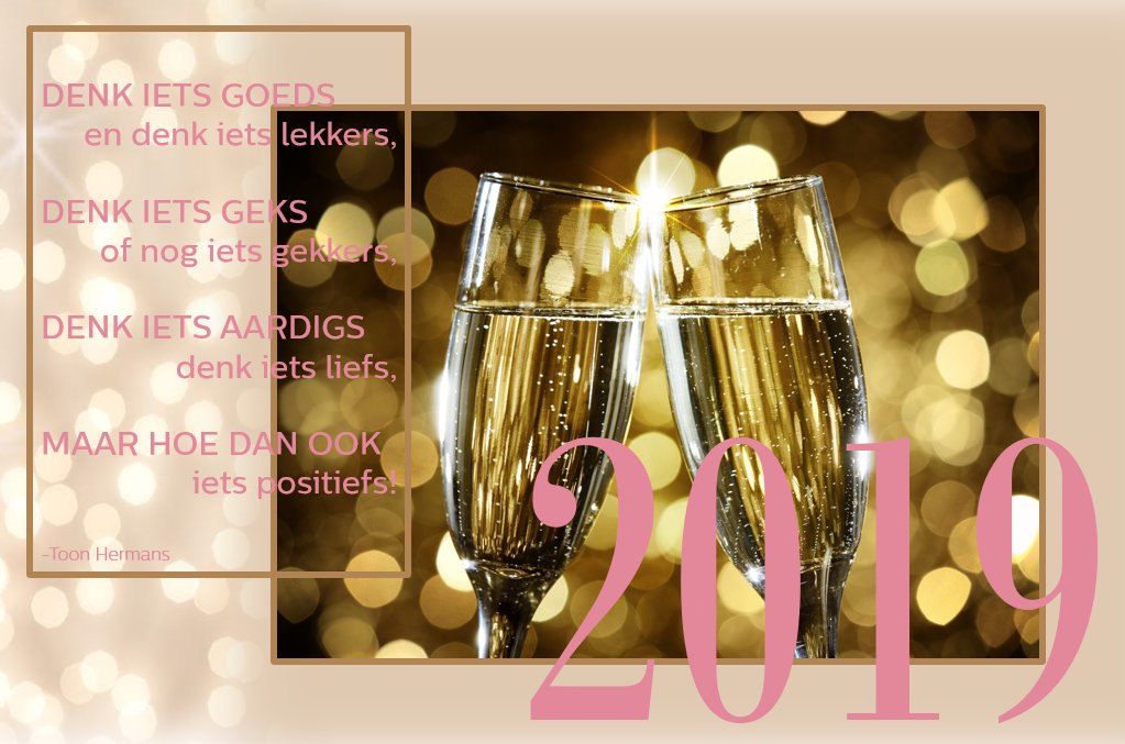 DENK IETS GOEDS
en denk iets lekkers,
DENK IETS GEKS
of nog iets gekkers,
DENK IETS AARDIGS
denk iets liefs,
MAAR HOE DAN OOK
iets positiefs!
 - Toon Hermans

Namens het bestuur en vrijwilligers van de Alopecia Vereniging een mooi, gezond en sprankelend 2019 gewenst! #alopecia