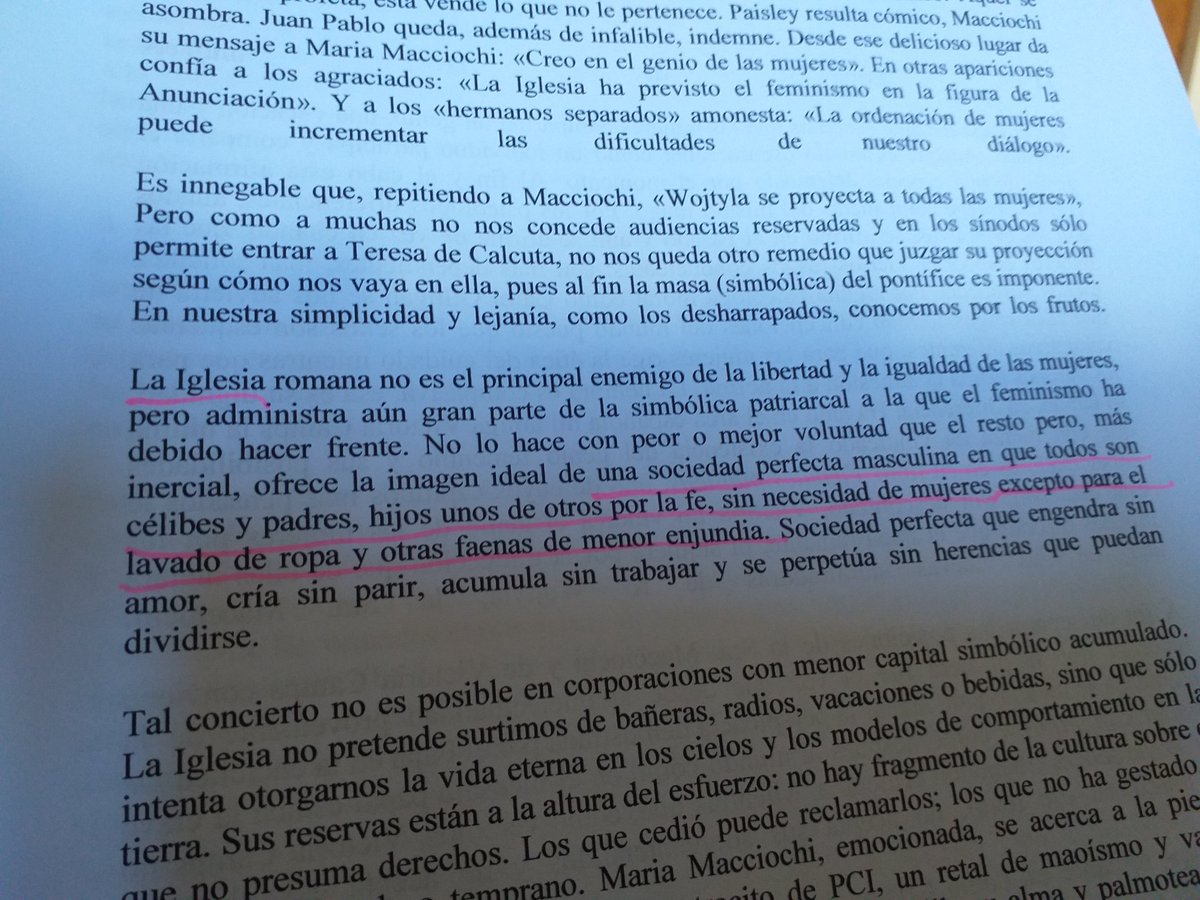 "La Iglesia: una sociedad perfecta en que todos son célibes y padres, hijos unos de otros x la fe, sin necesidad de mujeres, excepto para el lavado de ropa..." Cómo me río, además de aprender, leyendo a <a href="/AmeliaValcarcel/">Amelia Valcárcel</a>... ("Sobre el genio de las mujeres")