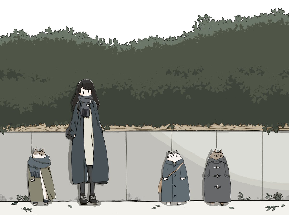 1girl coat black hair scarf cat long hair bush  illustration images