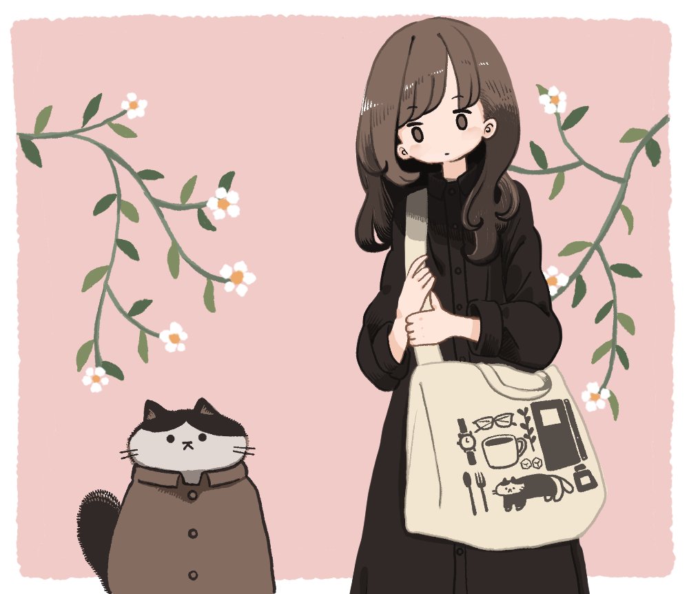 1girl coat black hair scarf cat long hair bush  illustration images