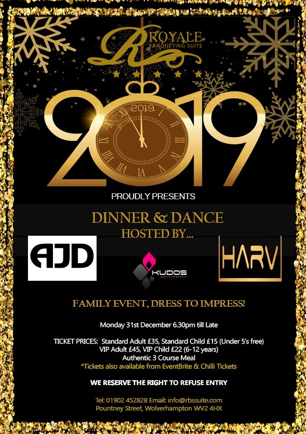 Royale_01's tweet photo. **2 days away from 2019**... Have you booked your tickets for the NYE Dinner &amp; Dance with us? It's going to be one of the best events held by @Royale_01 this year! Don't miss your chance, call us now on 01902 452828
#party #NYE2019 #wolverhampton #followus https://t.co/xwtDtgIp1U